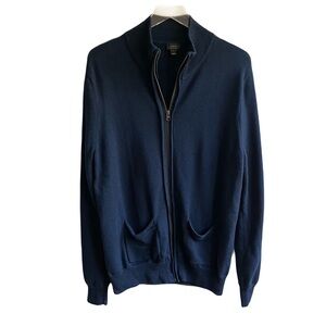 J. Crew 100% Merino Wool Blue Full Zip Up Sweater Size L Stand-Up Collar Grandpa